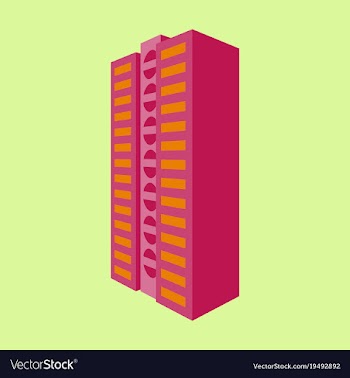 A modern multi-storey building with a complex vector image