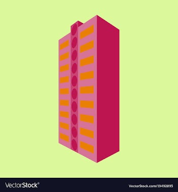 A modern multi-storey building with a complex vector image