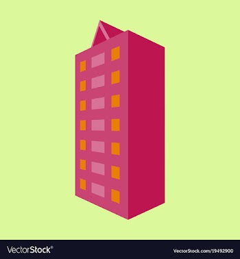 A modern multi-storey building with a complex vector image