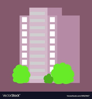 A modern multi-storey building with a complex vector image