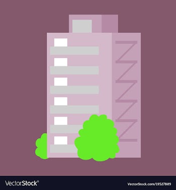 A modern multi-storey building with a complex vector image