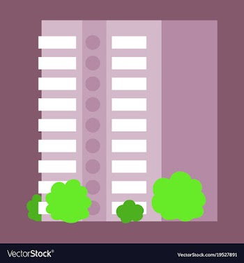 A modern multi-storey building with a complex vector image