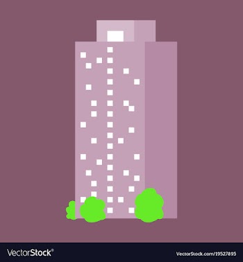 A modern multi-storey building with a complex vector image