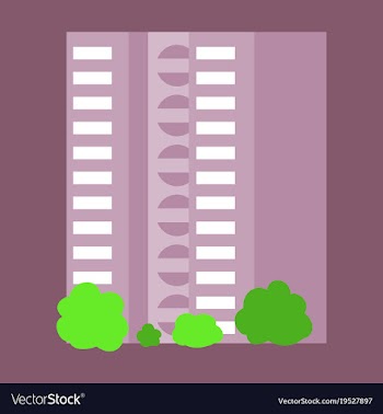 A modern multi-storey building with a complex vector image