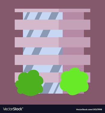 A modern multi-storey building with a complex vector image