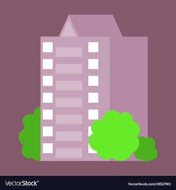 A modern multi-storey building with a complex vector image