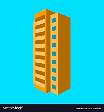 A modern multi-storey building with a complex vector image