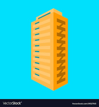 A modern multi-storey building with a complex vector image