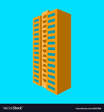 A modern multi-storey building with a complex vector image