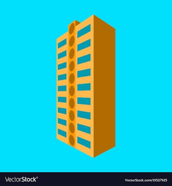 A modern multi-storey building with a complex vector image