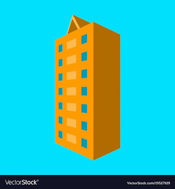 A modern multi-storey building with a complex vector image