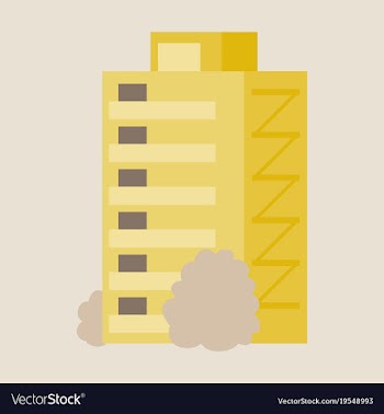 A modern multi-storey building with a complex vector image