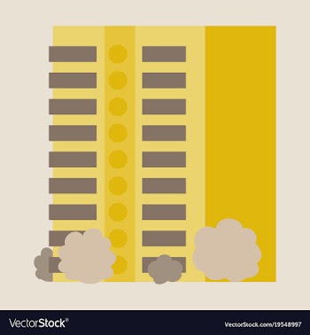 A modern multi-storey building with a complex vector image