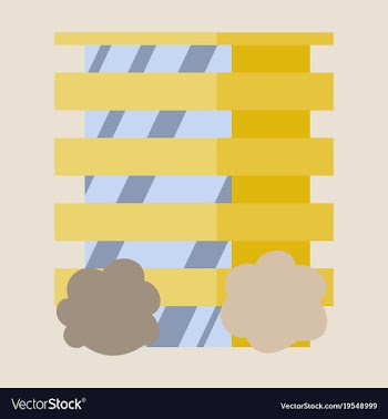 A modern multi-storey building with a complex vector image
