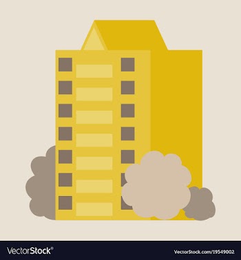 A modern multi-storey building with a complex vector image