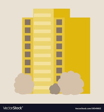 A modern multi-storey building with a complex vector image