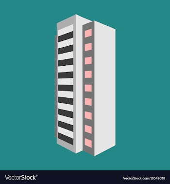 A modern multi-storey building with a complex vector image