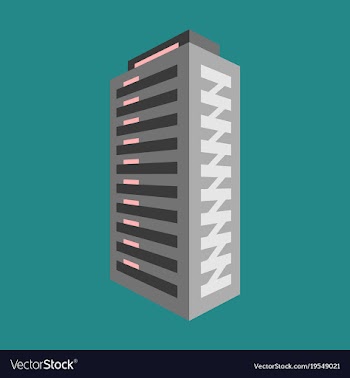 A modern multi-storey building with a complex vector image