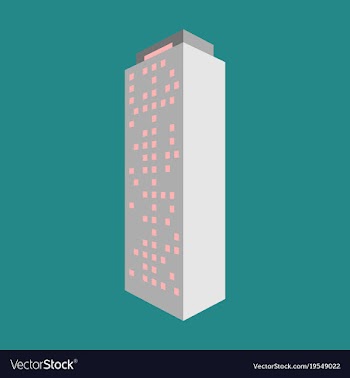 A modern multi-storey building with a complex vector image