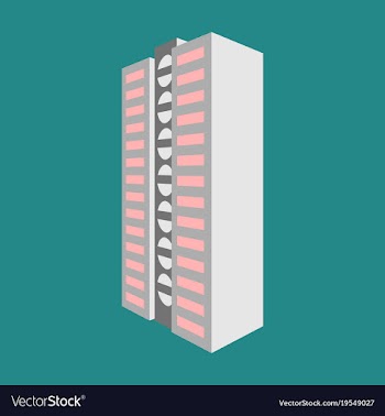 A modern multi-storey building with a complex vector image