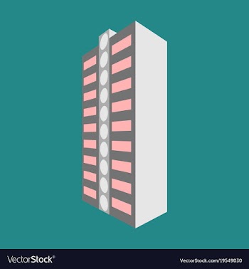 A modern multi-storey building with a complex vector image