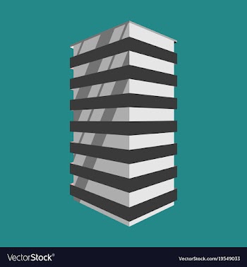 A modern multi-storey building with a complex vector image