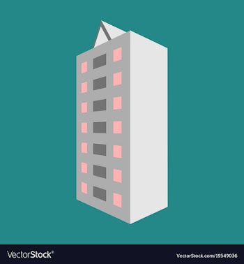 A modern multi-storey building with a complex vector image