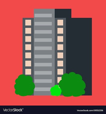 A modern multi-storey building with a complex vector image