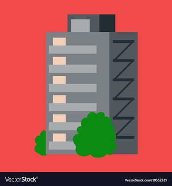 A modern multi-storey building with a complex vector image