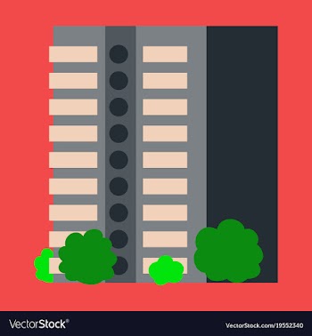 A modern multi-storey building with a complex vector image