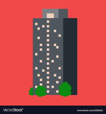 A modern multi-storey building with a complex vector image