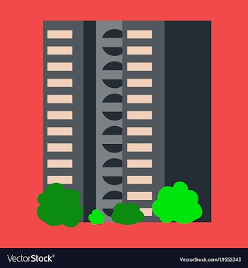 A modern multi-storey building with a complex vector image