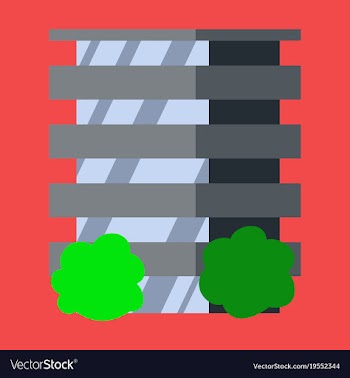 A modern multi-storey building with a complex vector image