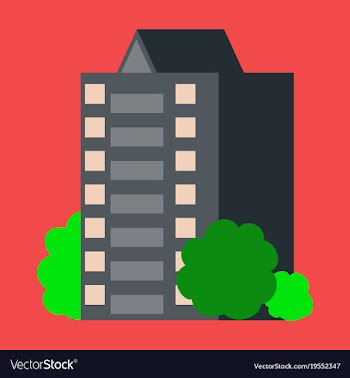 A modern multi-storey building with a complex vector image