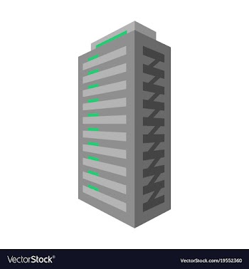 A modern multi-storey building with a complex vector image