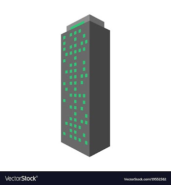 A modern multi-storey building with a complex vector image