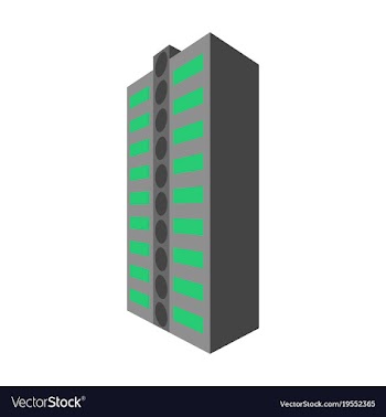 A modern multi-storey building with a complex vector image
