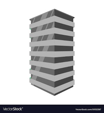 A modern multi-storey building with a complex vector image