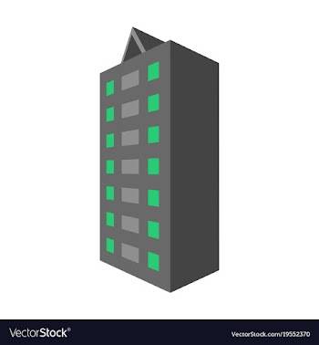 A modern multi-storey building with a complex vector image