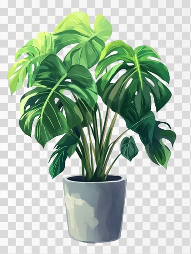 A monstera plant in a grey flowerpot, isolated in white back