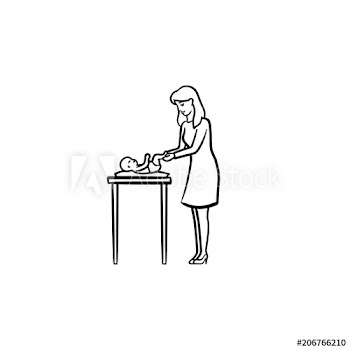 A mother changing baby's diaper on a table hand drawn outline doodle icon