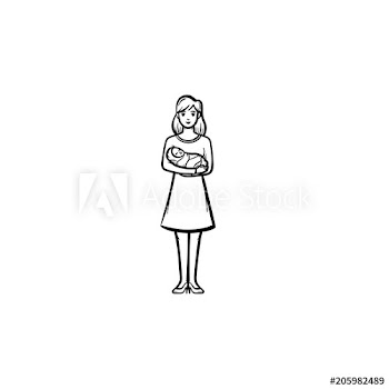 A mother holding newborn baby hand drawn outline doodle icon