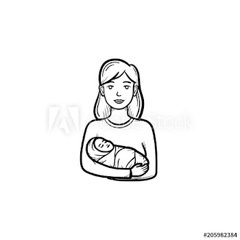 A mother holding swaddled baby hand drawn outline doodle icon