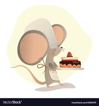 a mouse in chefs cap carries cake