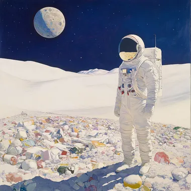 a painting of an astronaut standing on a rocky surface