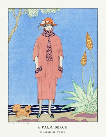 A palm beach: Tailleur, de Worth from Gazette du Bon Ton No. 5 Pl. 40 (1921) fashion illustration in high resolution by George Barbier. Original from The Rijksmuseum. Digitally enhanced by rawpixel.