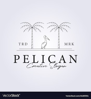 a pelican standing between the palm trees line