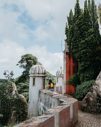 A Person Looking Out The Balcony With Green Trees Under Cloudy Sky