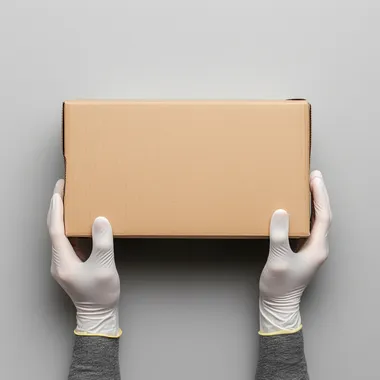 a person wearing gloves holding a cardboard box