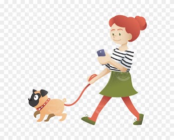 A Redhead Girl Walking With Her Pug And Checking Her - Girl With Pug Clipart